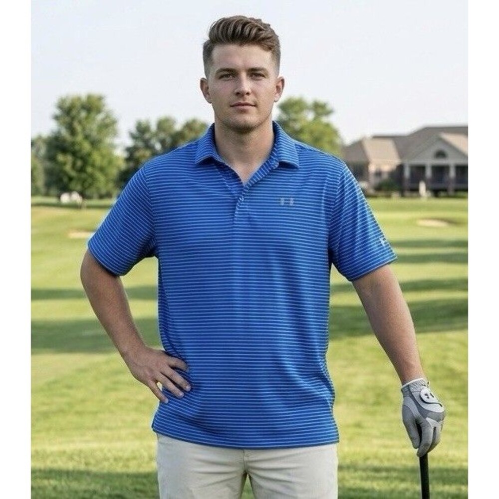 Under Armour Men's HeatGear Polo Shirt Striped Blue Teal Performance 2XL NWT
